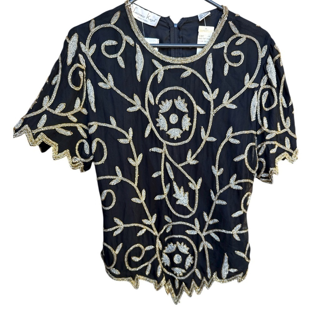 Laurence Kazar Elegant Black and Gold Beaded Top - Picture 3 of 7